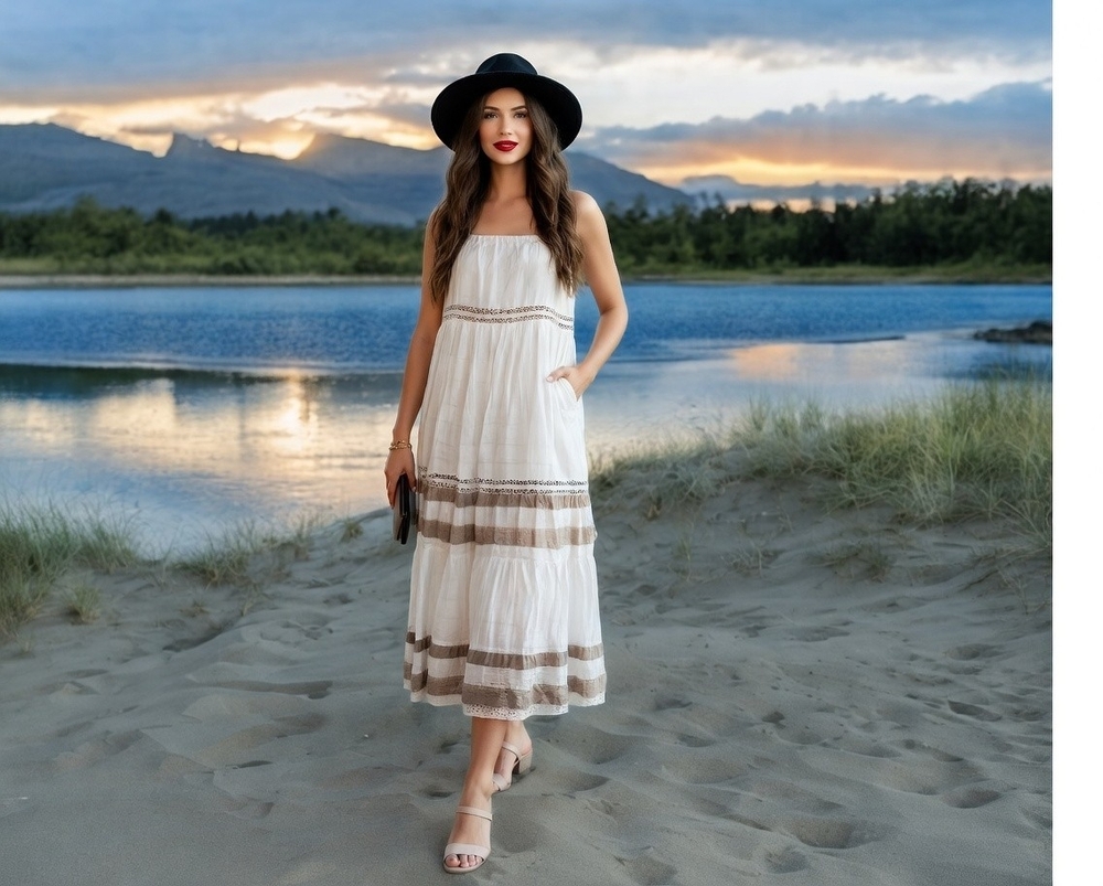 Rip Curl Vista Maxi Dress M White Grey Metallic Layered Cotton Spaghetti NWT